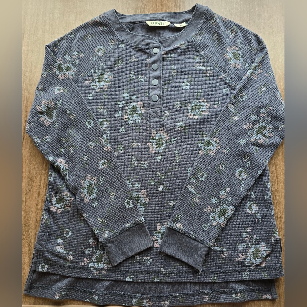 Orvis Navy Small Floral Button-Up Thermal Top Winter And Fall . - Picture 2 of 8